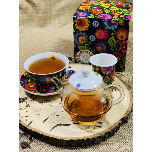 DUO ETNIC Tea for one - Filiżanka z dzbankiem szklanym 330 ml i spodkiem / porcelana