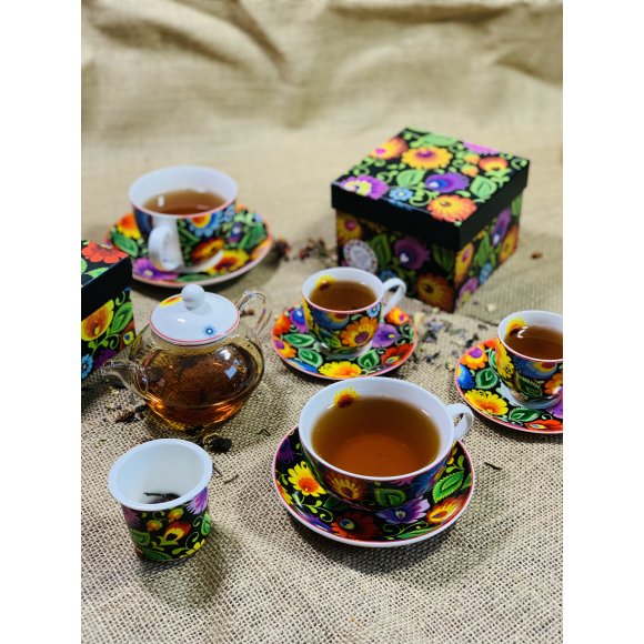 DUO ETNIC Tea for one - Filiżanka z dzbankiem szklanym 330 ml i spodkiem / porcelana