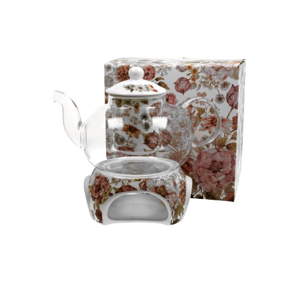 DUO PASTEL FLOWERS Dzbanek 1 l z zaparzaczem i podgrzewaczem / szkło + porcelana