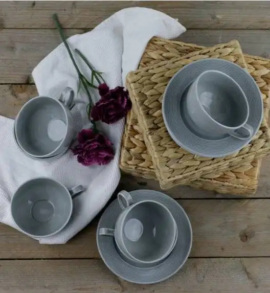 LUBIANA MODERN ETO K100 Zestaw 12 x filiżanka 250 ml + spodek / 24 el dla 12 osób / szary / porcelana ręcznie malowana