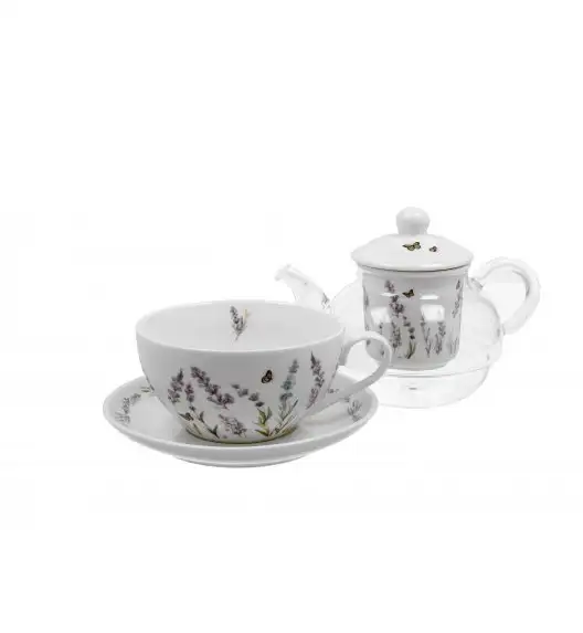 WYPRZEDAŻ! DUO PROVANCE Tea for one - Filiżanka z dzbankiem szklanym 330 ml i spodkiem  / porcelana