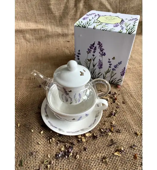 WYPRZEDAŻ! DUO PROVANCE Tea for one - Filiżanka z dzbankiem szklanym 330 ml i spodkiem  / porcelana