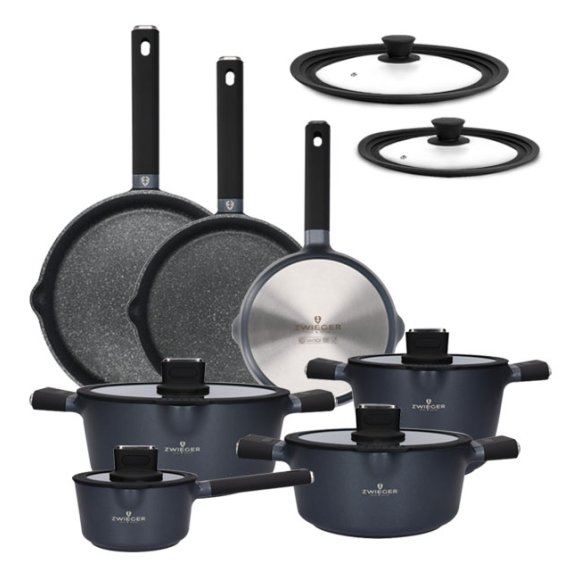 ZWIEGER VESNA Komplet 4 garnków z pokrywkami + Patelnia 20, 24, 28 cm + pokrywki uniwersalne Tadar / GREBLON C3 non-stick / indukcja