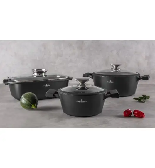 ZWIEGER BLACK STONE Zestaw garnków z pokrywkami 20, 24, 28 cm w opakowaniu GREBLON non-stick