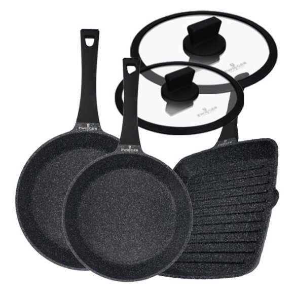 ZWIEGER BLACK STONE Komplet patelni 24, 28 cm + Patelnia grillowa 28 cm + Pokrywki / GREBLON non-stick