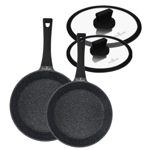 ZWIEGER BLACK STONE Komplet patelni uniwersalnych 24 + 28 cm + Pokrywki / GREBLON C3 GRANITE non-stick