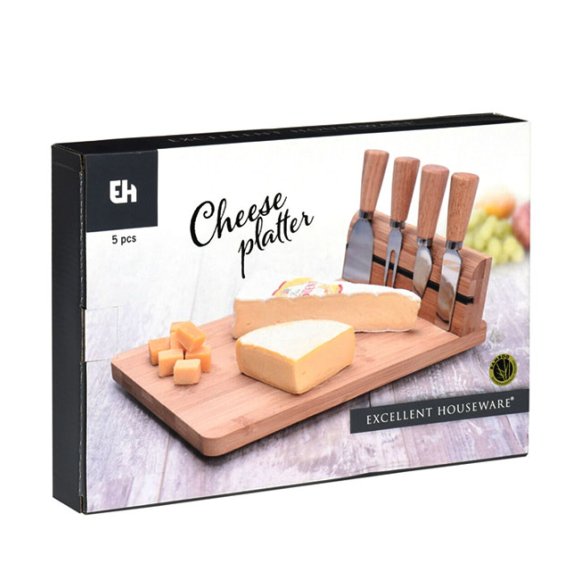 EXCELLENT HOUSEWARE Deska do krojenia, serwowania serów z akcesoriami 5 el / drewno bambusowe