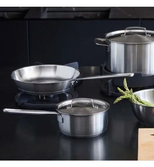FISKARS ALL STEEL Komplet garnków 6 el (1,5l 3l 5l) z pokrywkami + patelnia 24, 28 cm | stal nierdzewna