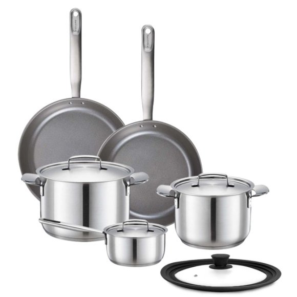 FISKARS ALL STEEL Komplet garnków 6 el (1,5l 3l 5l) z pokrywkami + patelnia 24, 28 cm + pokrywka 24/26/28 cm | stal nierdzewna