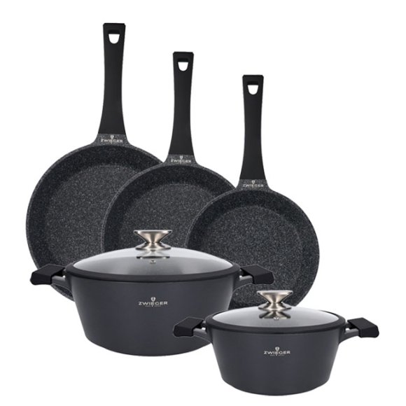 ZWIEGER BLACK STONE Zestaw garnków z pokrywkami 24, 28 cm + Patelnie 20, 24, 28 cm 