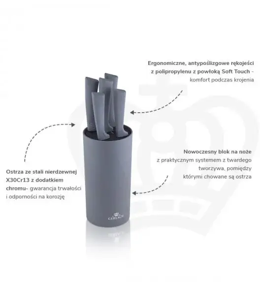 GERLACH SMART GREY Komplet 5 noży w bloku + nożyce do drobiu+ deska mała+ ostrzałka 3w1