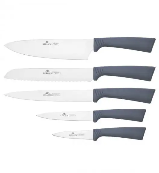 GERLACH SMART GREY Komplet 5 noży w bloku + nożyce do drobiu+ deska mała+ ostrzałka 3w1