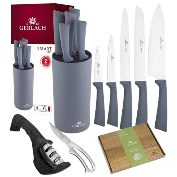 GERLACH SMART GREY Komplet 5 noży w bloku + nożyce do drobiu+ deska mała+ ostrzałka 3w1