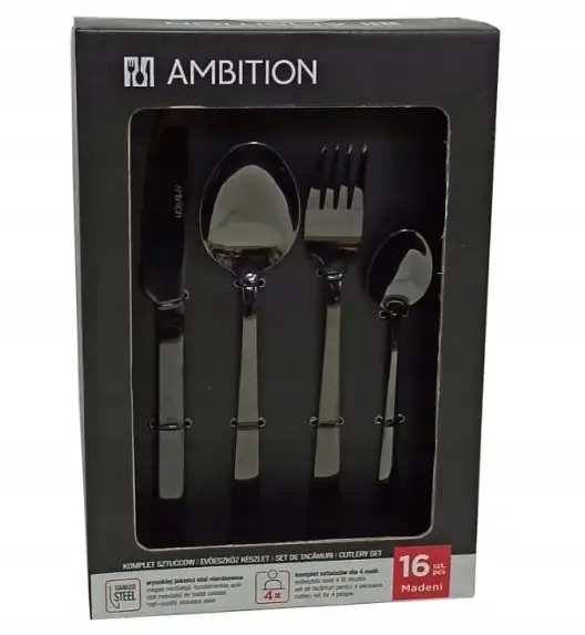 AMBITION MADENI BLACK Komplet sztućców czarnych 16 el dla 4 osób w pudełku