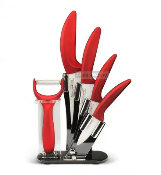 WYPRZEDAŻ! Royalty Line RL-C4ST Czerwony komplet 4 noży kuchennych, ceramicznych z obieraczką i stojakiem.