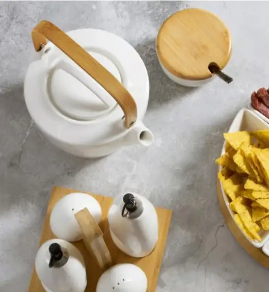 AMBITION NATURAL Dzbanek do kawy i herbaty 1,1 l / porcelana + drewno bambusowe