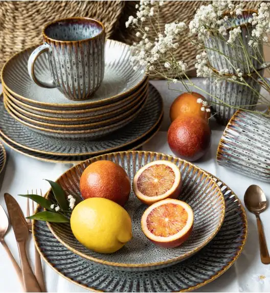 LUBIANA STONEWARE CERAMIKA / METEOR DESERT / Serwis obiadowy 36 elementów dla 12 osób / odcień piaskowo-niebieski