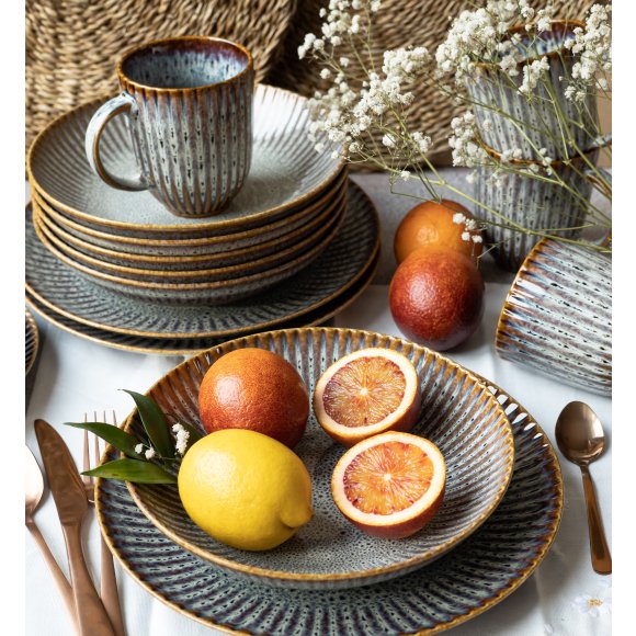 LUBIANA STONEWARE CERAMIKA / METEOR DESERT / Serwis obiadowy 36 elementów dla 12 osób / odcień piaskowo-niebieski