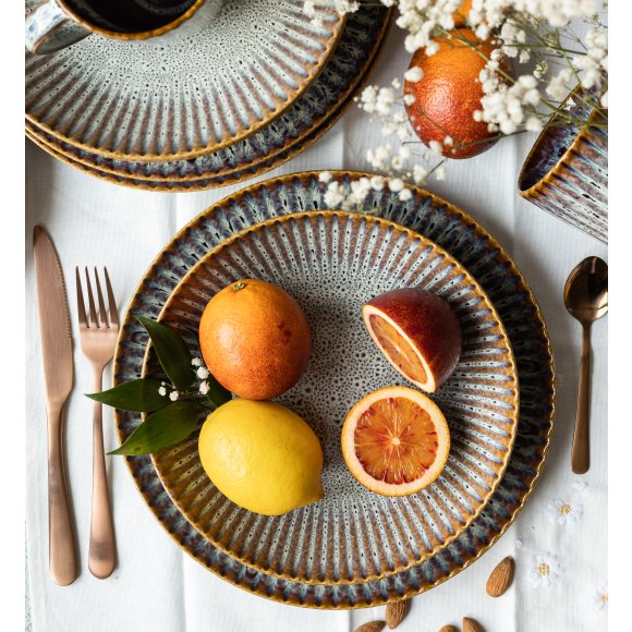 LUBIANA STONEWARE CERAMIKA / METEOR DESERT / Serwis obiadowy 36 elementów dla 12 osób / odcień piaskowo-niebieski
