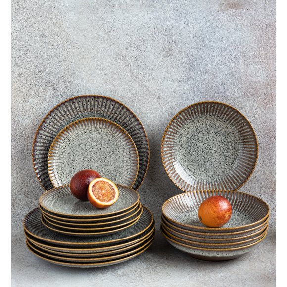 LUBIANA STONEWARE CERAMIKA / METEOR DESERT / Serwis obiadowy 36 elementów dla 12 osób / odcień piaskowo-niebieski