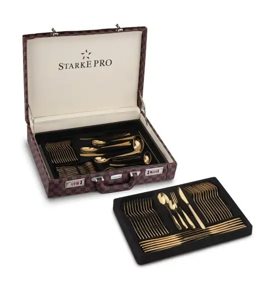 STARKE PRO GIULIA Sztućce Komplet 72 el w skórzanej walizce / 12 osób / złote / stal nierdzewna