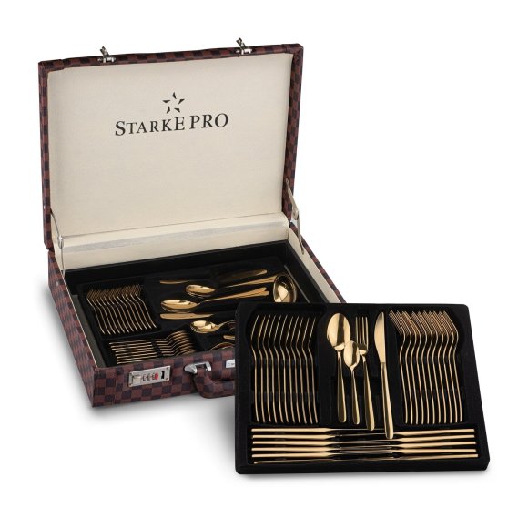STARKE PRO GIULIA Sztućce Komplet 72 el w skórzanej walizce / 12 osób / złote / stal nierdzewna