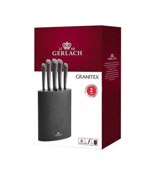 GERLACH GRANITEX Komplet 5 noży w bloku + ostrzałka 2w1 +komplet desek dębowych 