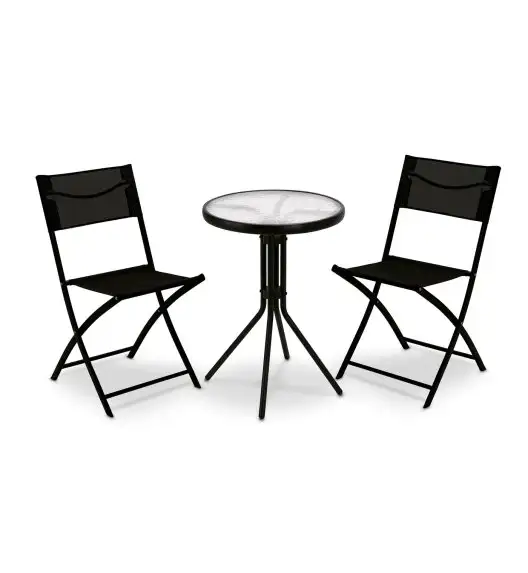 TADAR PATIO Zestaw 2 składanych krzeseł ogrodowych + okrągły stolik ze szklanym blatem