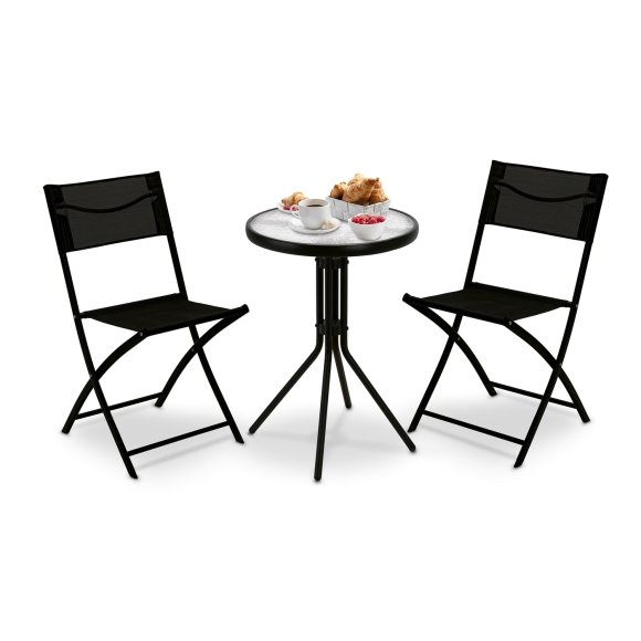 TADAR PATIO Zestaw 2 składanych krzeseł ogrodowych + okrągły stolik ze szklanym blatem