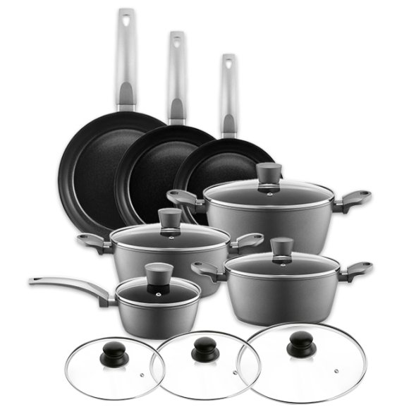 AMBITION VERSO Komplet garnków z pokrywkami 20, 24, 28 cm + rondel 16 cm + patelnie 20, 24, 28 cm + pokrywki szklane TADAR / aluminium / indukcja