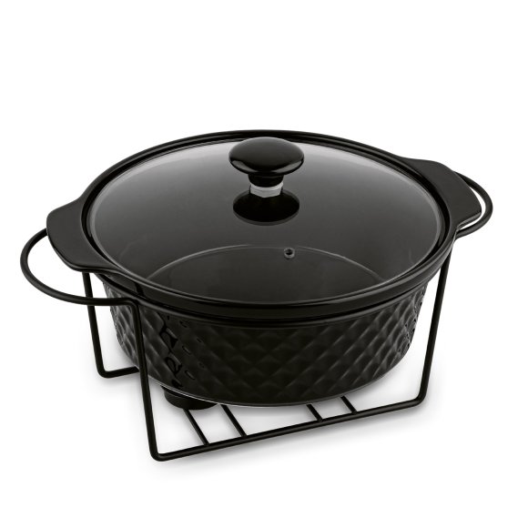KONIGHOFFER DIAMOND Naczynie porcelanowe 2,3 l / ze szklaną pokrywką / na podgrzewaczu / okrągłe / czarne