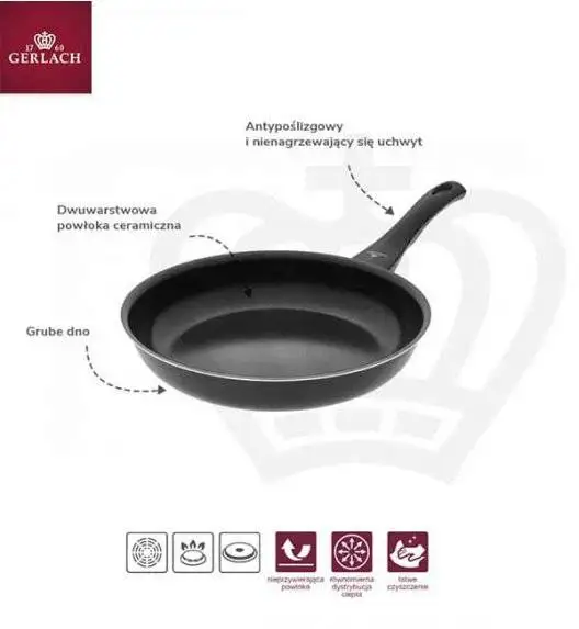 GERLACH FIRST Patelnia 24 cm + pokrywka uniwersalna szklana 24 cm | dwuwarstwowa powłoka ceramiczna 