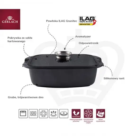 GERLACH BRAVA Komplet Garnki z pokrywkami 8 el + Brytfanna 32 cm z pokrywką Gerlach Granitex / powłoka ILAG Granitec®