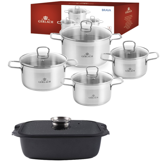 GERLACH BRAVA Komplet Garnki z pokrywkami 8 el + Brytfanna 32 cm z pokrywką Gerlach Granitex / powłoka ILAG Granitec®