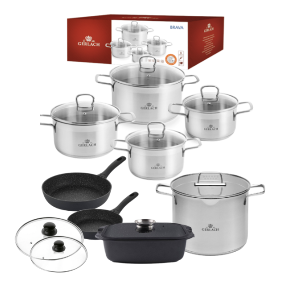 GERLACH BRAVA Komplet Garnki z pokrywkami 8 el + Garnek 7 l + patelnie Gerlach Granitex 28, 20 cm +pokrywki+  Brytfanna Granitex