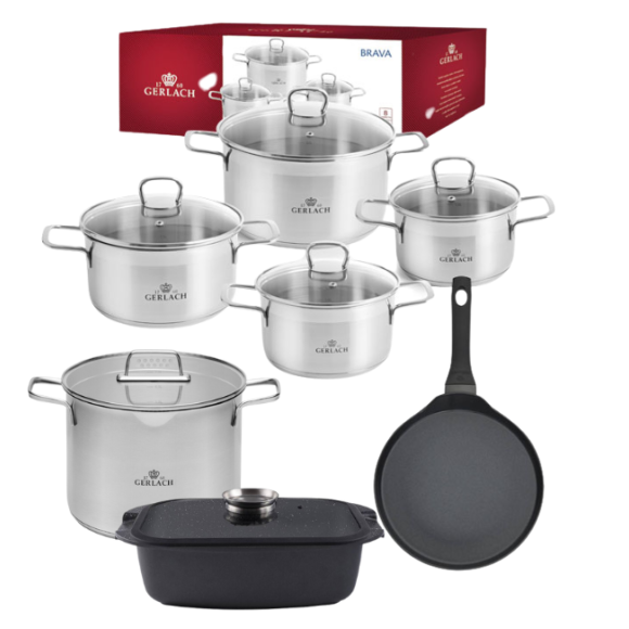 GERLACH BRAVA Komplet Garnki z pokrywkami 8 el + Patelnia naleśnikowa 26 cm Gerlach Harmony + Garnek 7 l + Brytfanna Granitex 32 cm 