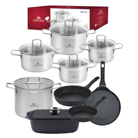 GERLACH BRAVA Komplet Garnki z pokrywkami 8 el + Patelnia naleśnikowa 26 cm Gerlach Harmony + Garnek Ambiente 7 l + Brytfanna Granitex 32 cm +Patelnie Granitex 20, 28 cm 