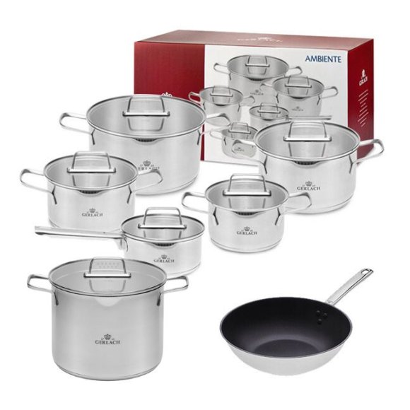 GERLACH AMBIENTE Komplet Garnki z pokrywkami 10 el + Wok Solid Lite 28 cm + Garnek Ambiente 7 l  / stal nierdzewna / indukcja