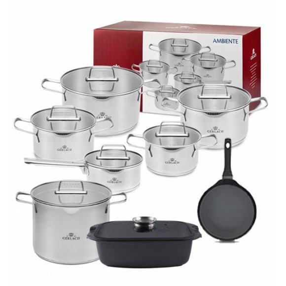 GERLACH AMBIENTE Komplet Garnki z pokrywkami 10 el + Patelnia naleśnikowa 26 cm + Gerlach Ambiente Garnek 7 l  + Brytfanna 32 cm z pokrywką 