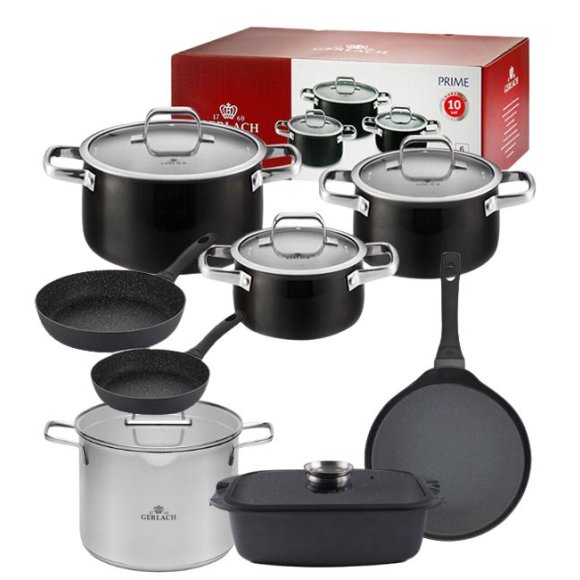 GERLACH PRIME Komplet Garnki z pokrywkami 6 el / stal nierdzewna + Patelnia naleśnikowa 26 cm + Gerlach Ambiente 7 l  + Brytfanna Granitex + Patelnia 20, 28 cm Granitex