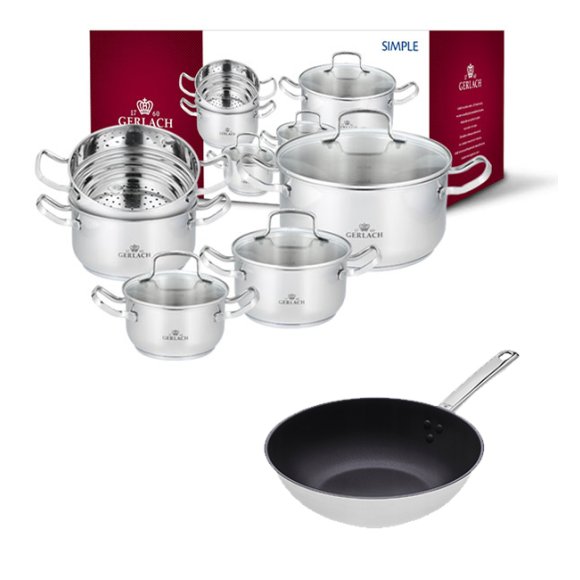 GERLACH SIMPLE Komplet Garnki z pokrywkami 9 el + Wok Gerlach Solid Lite 28 cm 