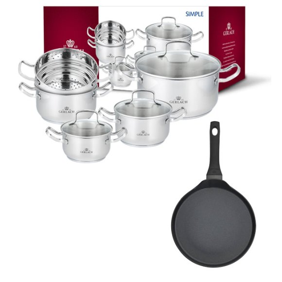 GERLACH SIMPLE Komplet Garnki z pokrywkami 9 el + Patelnia naleśnikowa 26 cm 