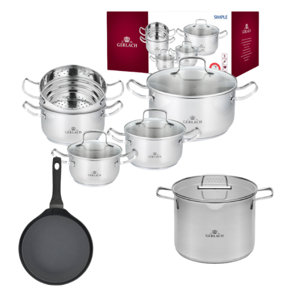 GERLACH SIMPLE Komplet Garnki z pokrywkami 9 el + Patelnia naleśnikowa 26 cm  + Garnek Ambiente 7 l 