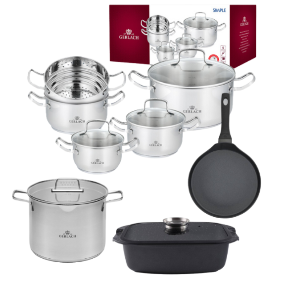 GERLACH SIMPLE Komplet Garnki z pokrywkami 9 el + Patelnia naleśnikowa 26 cm  + Garnek Ambiente 7 l + Brytfanna Granitex
