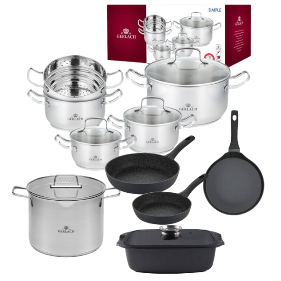 GERLACH SIMPLE Komplet Garnki z pokrywkami 9 el + Patelnia naleśnikowa 26 cm  + Garnek Ambiente 7 l + Brytfanna Granitex+ Patelnie 20, 28 cm