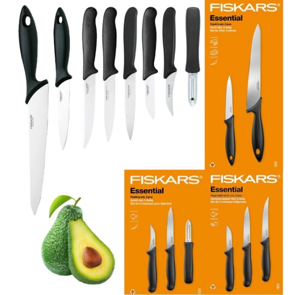 FISKARS ESSENTIAL Komplet 8 noży (kuchenne +do warzyw +do obierania) w pudełku | stal nierdzewna HRC 53