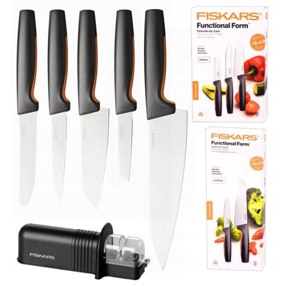 FISKARS FUNCTIONAL FORM 1057556+1057557 Komplet 5 noży kuchennych (3+2) pudełkach + OSTRZAŁKA