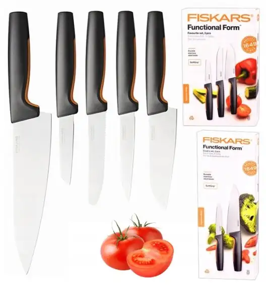 FISKARS FUNCTIONAL FORM 1057556+1057557 Komplet 5 noży kuchennych (3+2) pudełkach + OSTRZAŁKA