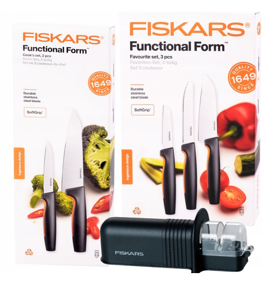 FISKARS FUNCTIONAL FORM 1057556+1057557 Komplet 5 noży kuchennych (3+2) pudełkach + OSTRZAŁKA