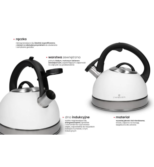 ZWIEGER ROCCA WHITE Czajnik 2,5 L | biały | stal nierdzewna indukcja